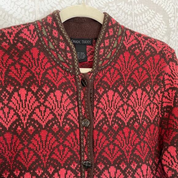 Nomadic Traders Cotton Blend Knit Fair Isle / Nordic Print Cardigan Sweater, M - Picture 2 of 11